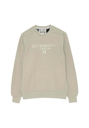 Felpa verde chiaro con collo rotondo, polsini a costine e logo ricamato "RICHMOND LONDON" sul davanti. Tessuto morbido.