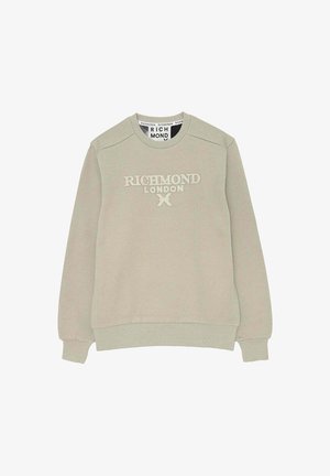 Felpa verde chiaro con collo rotondo, polsini a costine e logo ricamato "RICHMOND LONDON" sul davanti. Tessuto morbido.
