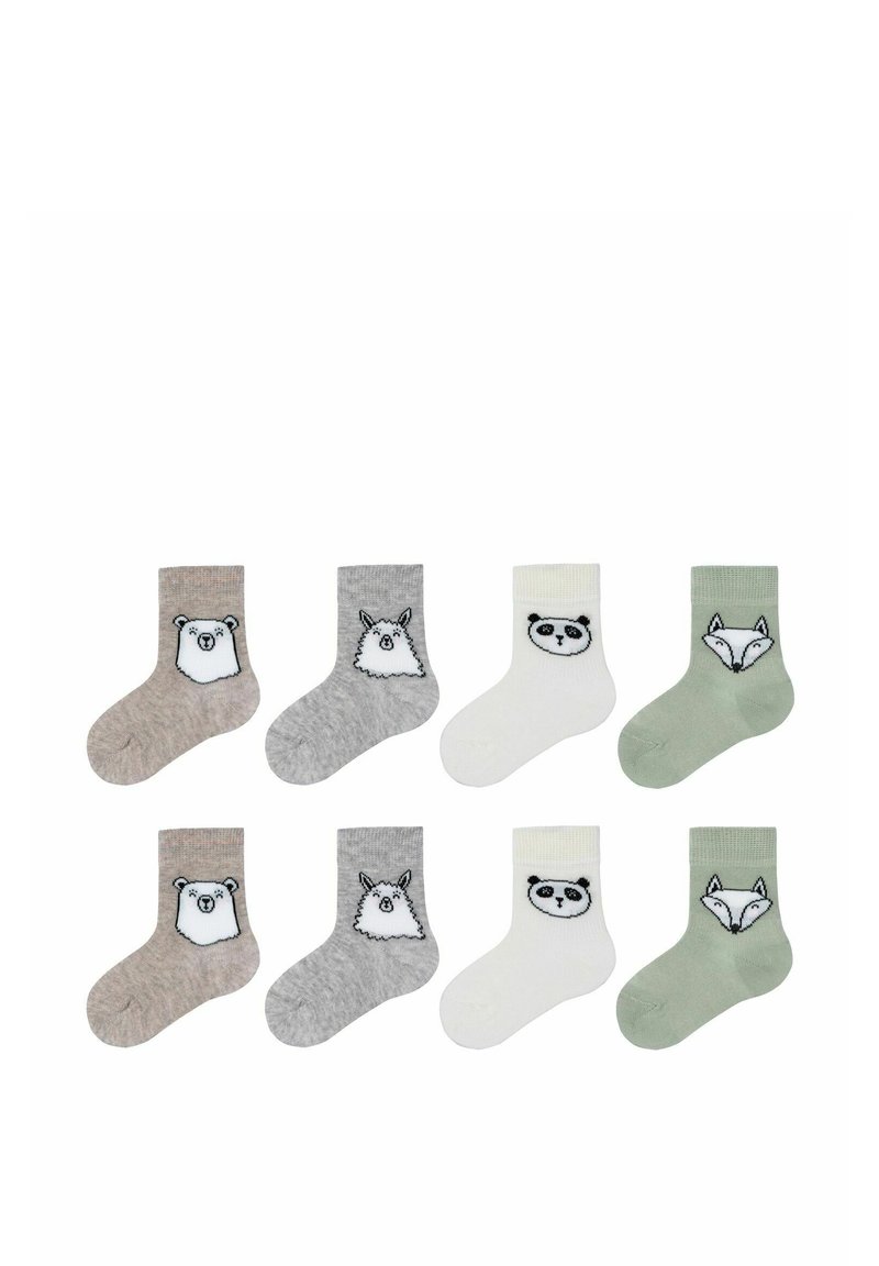 Set di otto calzini per bambini in diverse tonalità: beige, grigio, verde e bianco. Ognuno presenta un motivo animale: orso, lama, panda e volpe.