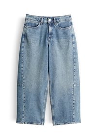 Jeans cropped denim a gamba larga di colore azzurro chiaro con bottone frontale, chiusura a zip, passanti per cintura e cinque tasche.