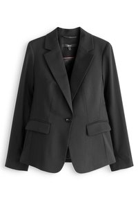 Schwarzes Blazer aus glattem Stoff, mit Reverskragen, einem Knopfverschluss und zwei Vorderseitentaschen mit Klappen.