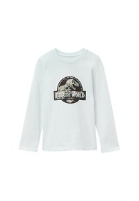 Weißes Langarmshirt mit dem Jurassic World-Logo, das ein T-Rex-Skelett innerhalb eines runden Emblems auf der Vorderseite zeigt.