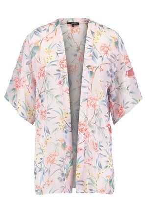 Veste style kimono rose clair à larges manches, avec un motif floral et d'oiseaux colorés.