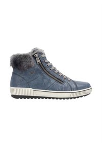 Sneakers alto in pelle blu con colletto in pelliccia sintetica grigia, lacci grigi, zip laterale e suola in gomma bianca texturizzata.