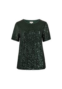 Green short-sleeved top covered in sequins, featuring a rounded neckline and a shiny finish, ideal for festive occasions.