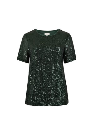 Haut vert à manches courtes couvert de sequins, avec un col rond et une finition brillante, idéal pour les occasions festives.