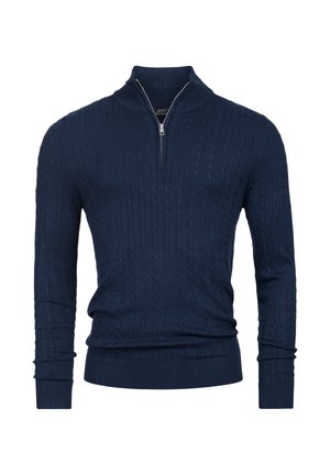 Marineblå strikket genser med glidelås i kragen, med et strukturert kabelmønster, lange ermer og ribbestrikkede mansjetter og kant.
