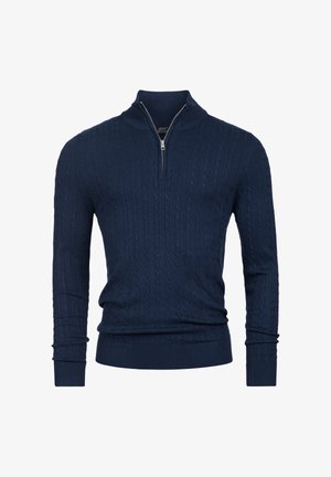 Marineblauwe gebreide sweater met een ritskraag, voorzien van een gewatteerd kabelpatroon, lange mouwen en ribgebreide manchetten en zoom.