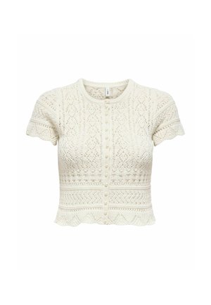 Crèmekleurige gehaakte tricot top met korte mouwen, parelknopen middenvoor en gegolfde randen aan mouwen en zoom.