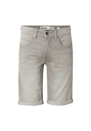 Pantalones cortos de mezclilla gris claro con puños doblados, botón delantero, cremallera y diseño de cinco bolsillos, etiquetados como "INDICODE".