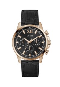 Montre chronographe avec un cadran texturé noir, un boîtier en or rose et un bracelet en cuir noir à motif crocodile. Elle est dotée d'un tachymètre et de sous-cadrans.