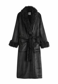 Black robe made of soft plush fabric with a fluffy collar and cuffs. Features a front tie belt and two front pockets.