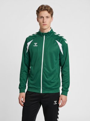 Młody mężczyzna z krótkimi, kręconymi włosami, ubrany w zieloną i białą sportową kurtkę na zamek oraz czarne spodnie sportowe z białymi logo.