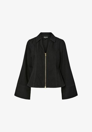 Melna denim jaka ar apkakli, ar rāvējslēdzēju priekšpusē un paplatinātām piedurknēm. Ar zelta rāvējslēdzēja detalizējumu un strukturētām šuvēm.