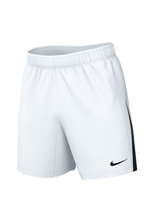 Weiße Sportshorts mit schwarzem Nike-Swoosh, elastischem Bund und schwarzem Seitenpaneel mit perforierten Details.