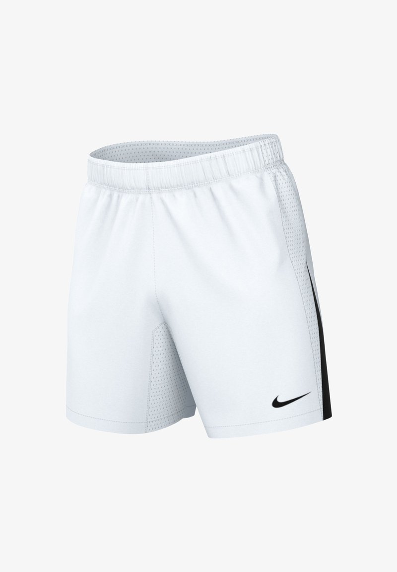 Weiße Sportshorts mit schwarzem Nike-Swoosh, elastischem Bund und schwarzem Seitenpaneel mit perforierten Details.