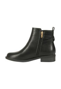 Stivaletto nero alla caviglia con rifinitura in pelle sintetica lucida, zip laterale, cinturini decorativi e tacco basso a blocco.