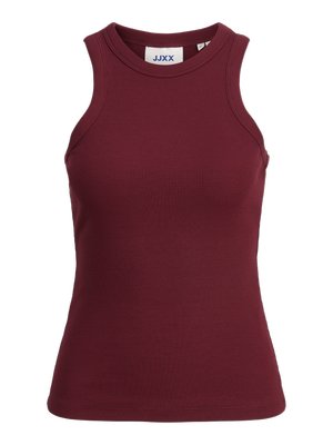 Burgundská bezrukávová žebrovaná tílko s kulatým výstřihem a přiléhavým střihem. Disponuje pevným materiálem a značkovou etikou uvnitř límce.