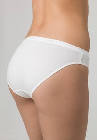 White cotton brief with a smooth texture, a low-rise waistband featuring subtle branding, and a classic bikini cut design.