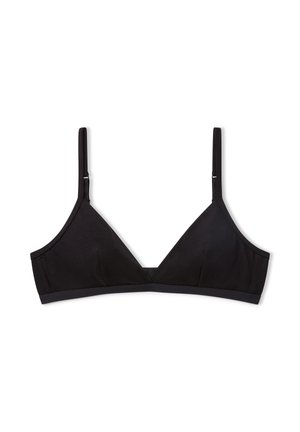 Reggiseno triangolare nero realizzato in tessuto morbido, con spalline sottili e regolabili e un cinturino liscio, senza imbottitura né ferretto.