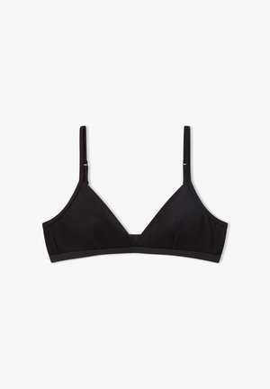Zwarte driehoek beha van zachte stof, met verstelbare dunne bandjes en een gladde band, zonder padding of beugels.