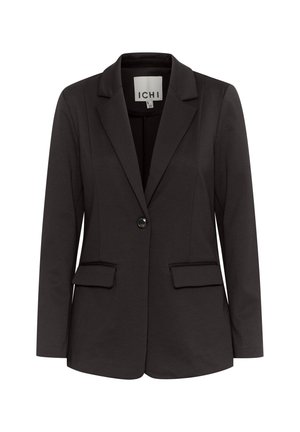 Černý blazer vyrobený z hladké tkaniny s klopami, dvěma předními kapsami, jednobarevným zapínáním na knoflík a přiléhavým střihem.