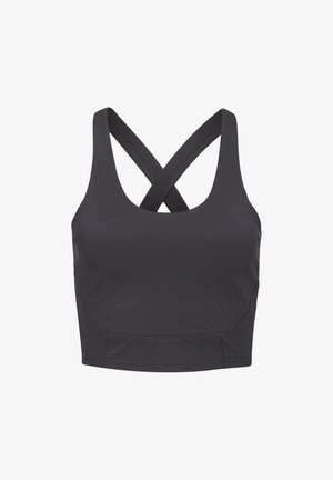 Black sports bra with a fitted design, featuring crisscross straps at the back and flat seams for comfort. Made from stretchable fabric.