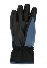 Černá a modrá izolační rukavice s texturovanou dlaní, elastickým zápěstním manžetou a látkovými částmi pro uchopení a teplo.