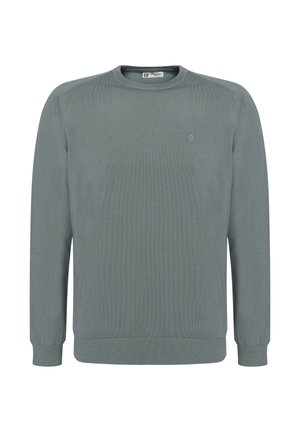 Suéter gris de punto con cuello redondo, puños y dobladillo acanalados, y un pequeño logo en el pecho. Textura suave, corte estándar.