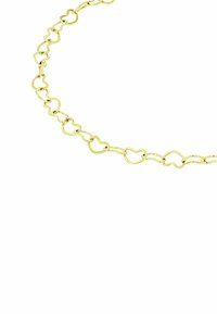 Collar de cadena de oro con eslabones en forma de corazón interconectados, textura suave y un acabado pulido, creando un diseño delicado.