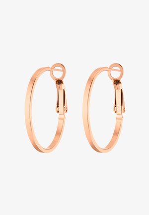 Roségoldene Creolen mit glatter, polierter Oberfläche, ausgestattet mit einem Scharnierverschluss zum Schließen. Kreisförmiges Design mit schmaler Breite.
