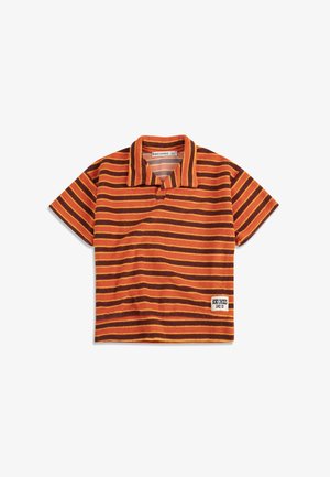 Short-sleeve terry cloth polo shirt with orange, brown, and yellow horizontal stripes and a small white brand label on the bottom right.
