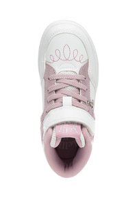 Sneaker alto bianco e rosa chiaro. Realizzato in morbida pelle e materiali scamosciati, con cuciture decorative e una fascia in Velcro.