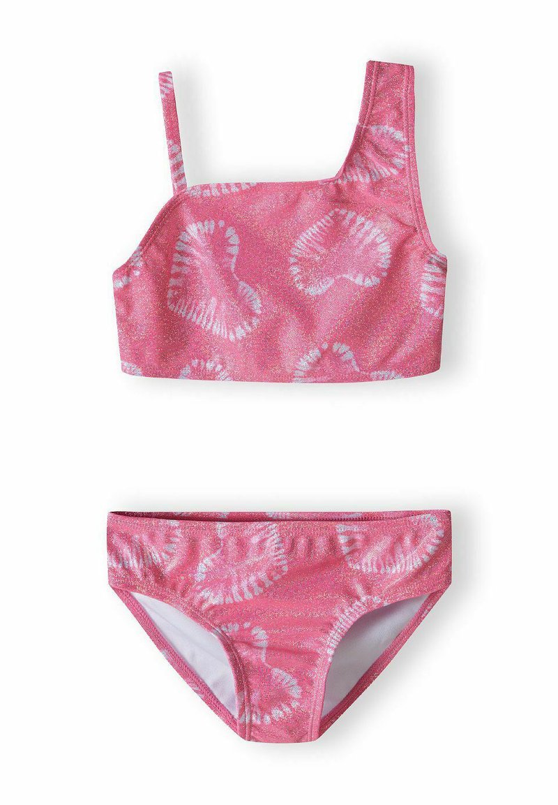 Set di bikini rosa con reggiseno a fantasia con spallina e slip coordinati. Realizzato in materiale lucido e elastico con accenti bianchi.