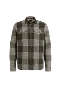 Chemise en flanelle à carreaux verts et blancs avec manches longues, devant à boutons et deux poches poitrines. Dotée d'un tissu texturé et d'un col classique.