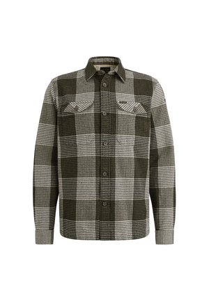 Chemise en flanelle à carreaux verts et blancs avec manches longues, devant à boutons et deux poches poitrines. Dotée d'un tissu texturé et d'un col classique.