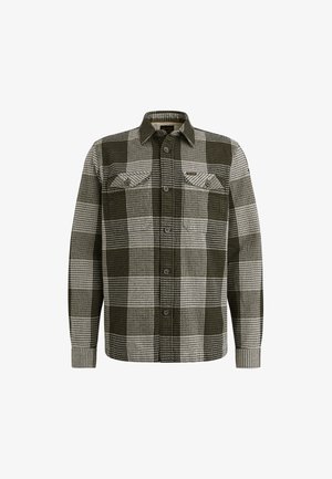Green and white checkered flannel shirt with long sleeves, button-up front, and two chest pockets. Features textured fabric and classic collar.