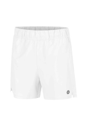Short blanc à taille élastique avec de petites fentes latérales et un logo rond près de l'ourlet inférieur sur la jambe gauche.