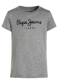 Szara bawełniana koszulka z krótkim rękawem, z niebieskim logo "Pepe Jeans London" nadrukowanym na piersi w swobodnej, zaokrąglonej czcionce.