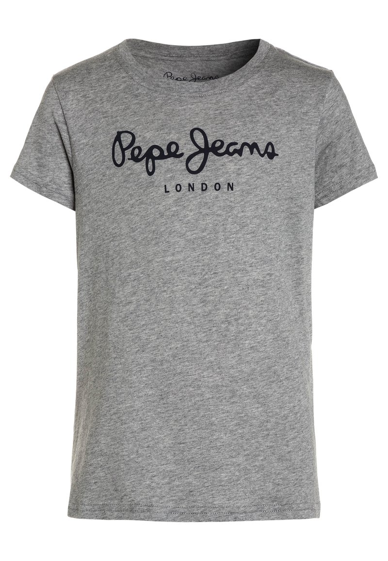 Szara bawełniana koszulka z krótkim rękawem, z niebieskim logo "Pepe Jeans London" nadrukowanym na piersi w swobodnej, zaokrąglonej czcionce.