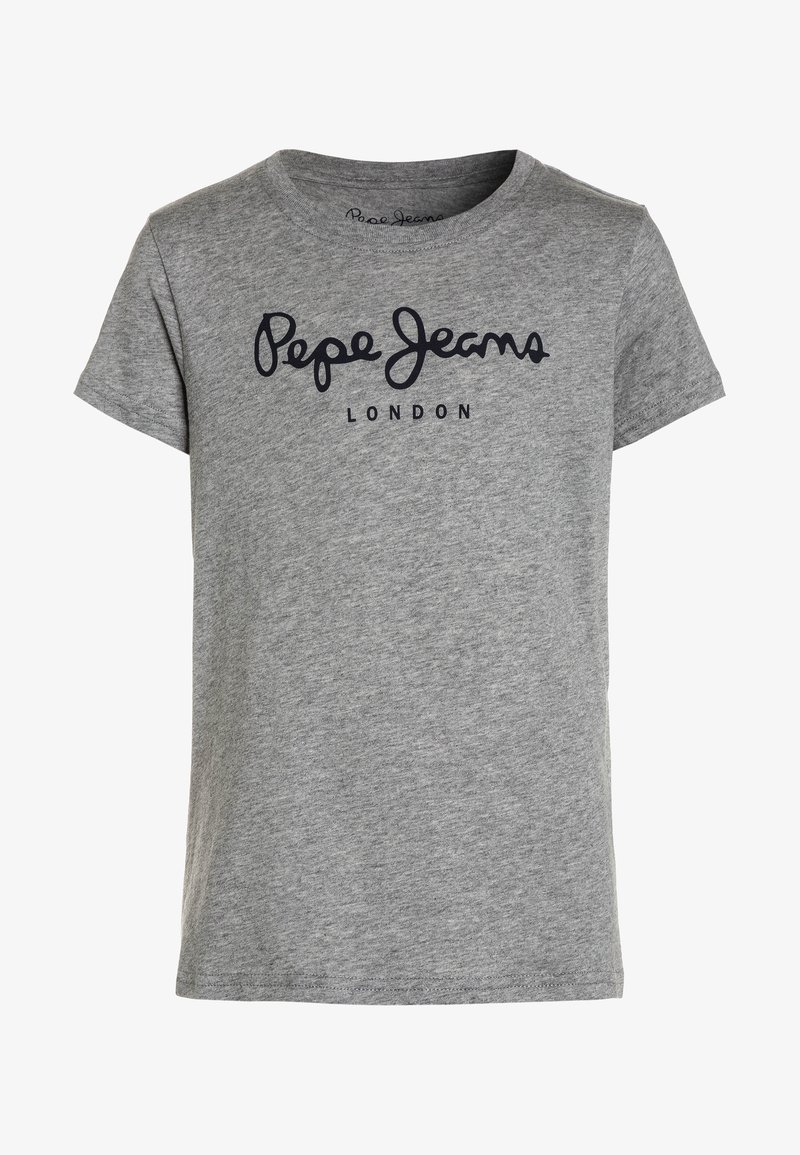 Szara bawełniana koszulka z krótkim rękawem, z niebieskim logo "Pepe Jeans London" nadrukowanym na piersi w swobodnej, zaokrąglonej czcionce.