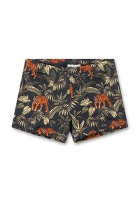 Herren Schwimmshorts in Schwarz mit einem lebhaften Tiger- und blattgrünen Dschungelmuster. Hergestellt aus leichtem, schnell trocknendem Material.