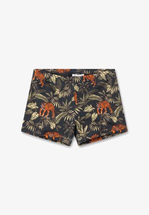 Herren Schwimmshorts in Schwarz mit einem lebhaften Tiger- und blattgrünen Dschungelmuster. Hergestellt aus leichtem, schnell trocknendem Material.