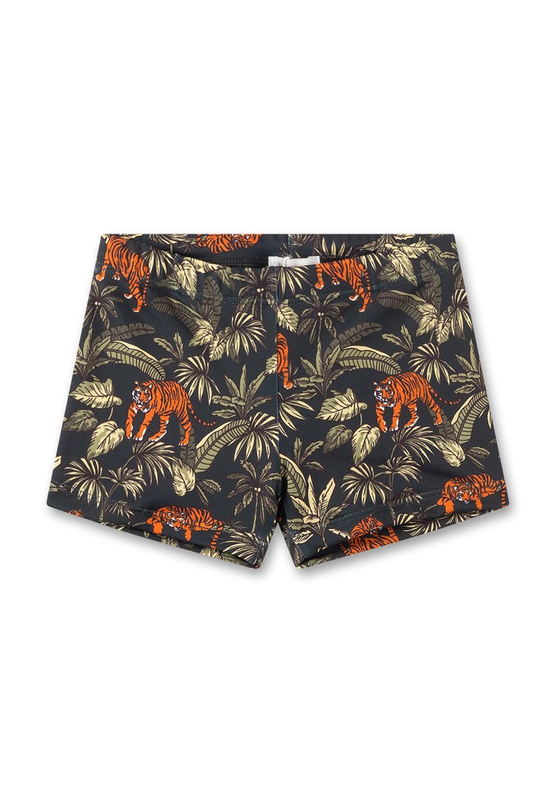 Herren Schwimmshorts in Schwarz mit einem lebhaften Tiger- und blattgrünen Dschungelmuster. Hergestellt aus leichtem, schnell trocknendem Material.