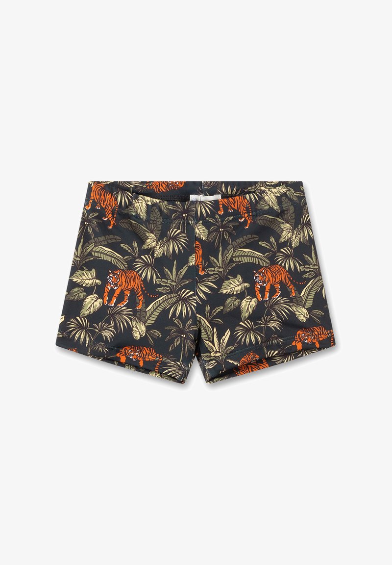 Herren Schwimmshorts in Schwarz mit einem lebhaften Tiger- und blattgrünen Dschungelmuster. Hergestellt aus leichtem, schnell trocknendem Material.