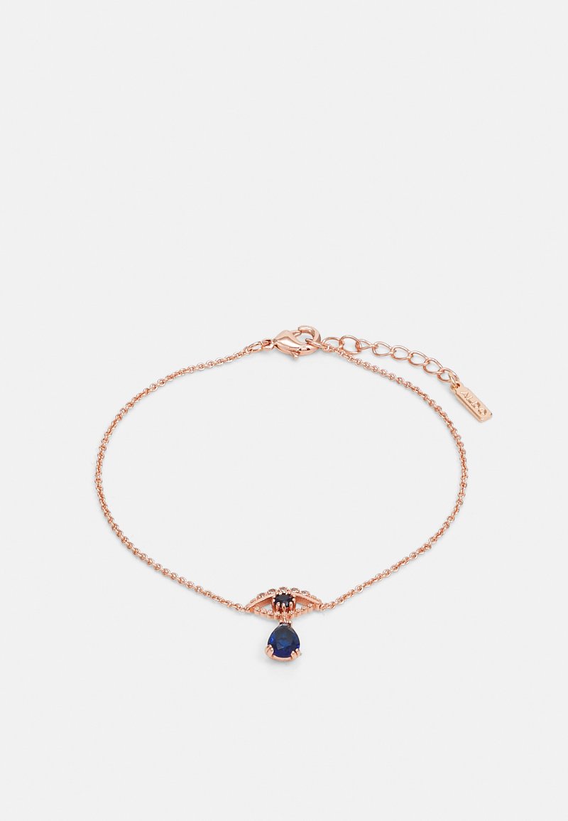 Bracciale in oro rosa con una delicata catena, un design a forma di occhio con una pietra blu centrale e un piccolo gancio regolabile.