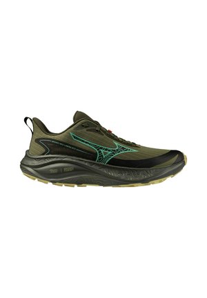Scarpa sportiva verde scuro e nera con logo turchese a motivo e suola spessa e strutturata, progettata per la corsa o per l'uso su sentieri.
