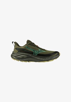 Dunkelgrüner und schwarzer Sportschuh mit türkis gemustertem Logo und dicker, strukturierter Sohle, die für das Laufen oder Trailrunning entwickelt wurde.
