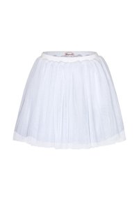 Heller Tüllrock mit einem taillierten Bund. Der Stoff ist durchsichtig und schichtweise angeordnet, was eine voluminöse Silhouette erzeugt. Die Länge reicht bis über das Knie.