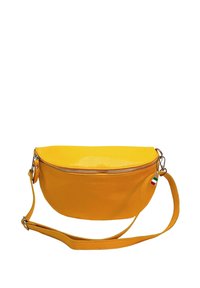 Geel leren schoudertas met een rond model, ritssluiting en een afneembare strap met een klein driekleurig label. Gelaagde afwerking.